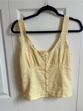 Yellow embroidered linen blend top Hollister